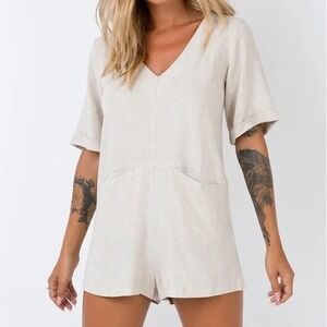 Princess Polly Zara Romper Linen Cotton Size 4 Beige Short Sleeve Pockets V-Neck